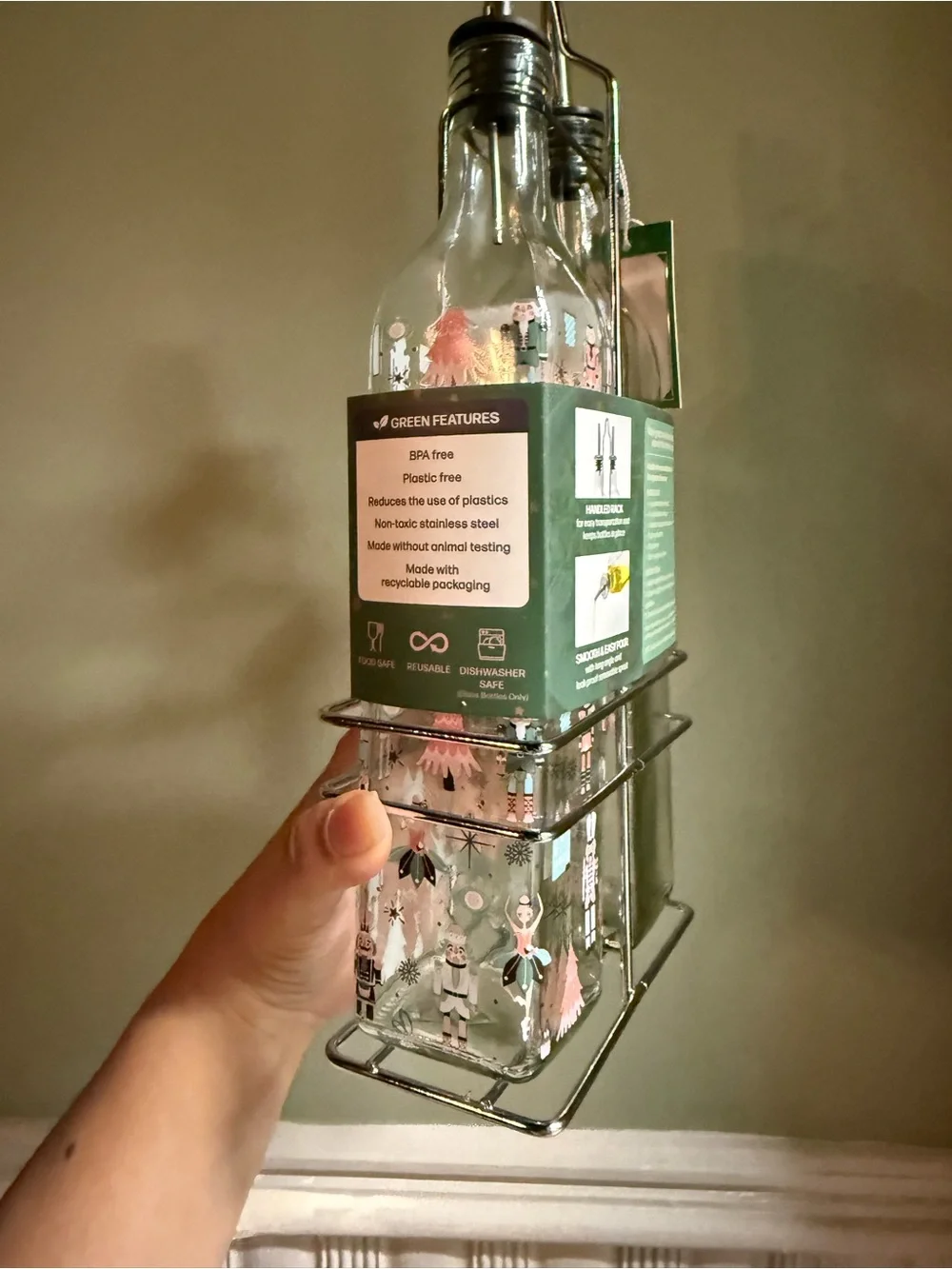 2pc Oil & Vinegar Dispenser Set - Clear Glass with Pink & Green Accents